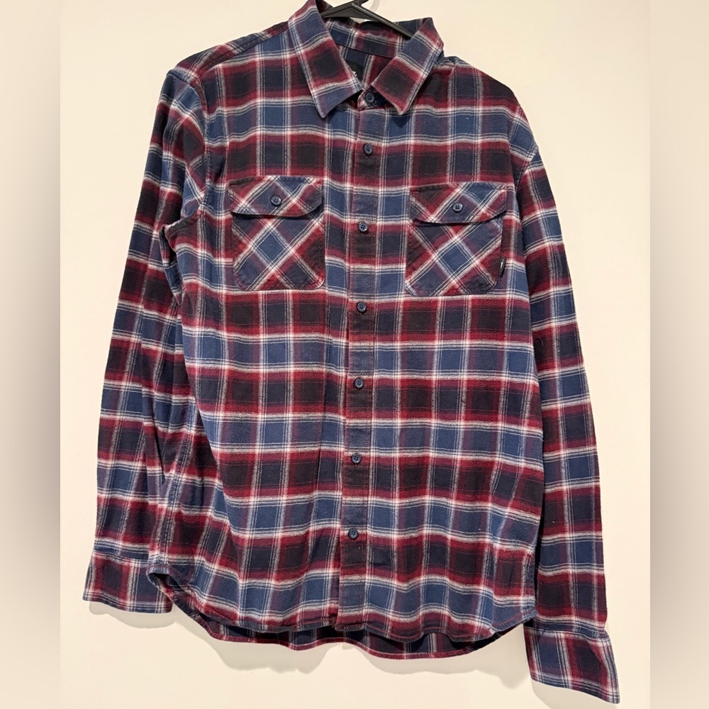 Vans Maroon Blue Plaid Flanel LONG SLEEVE SHIRT Large L 16.5 x 35/36